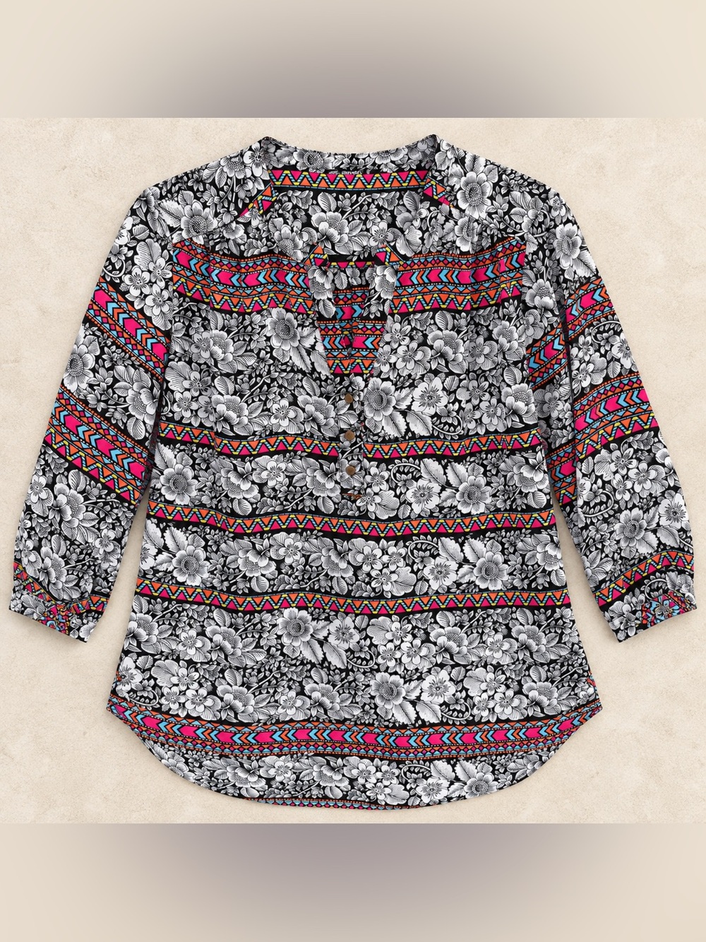 Black Floral Button-Front Blouse with Multicolor Tribal Stripes